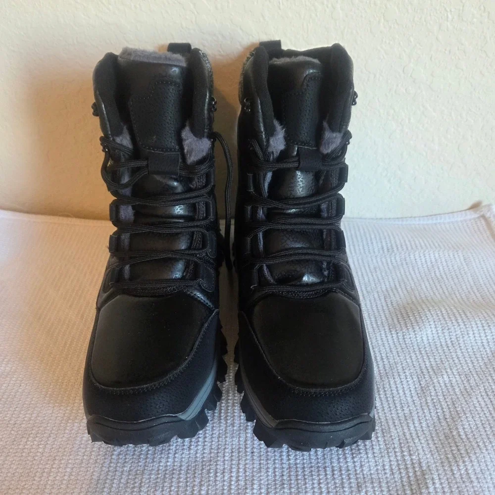Mens Black Winter Snow Boots Faux Fur Lined Lace Up Lug Sole Size 44